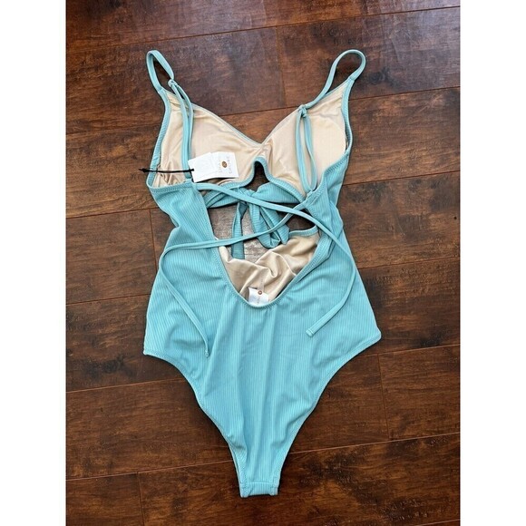 NWT Shade & Shore Low Coverage Blue Cut out One Piece Swim Suit Sz M - Picture 4 of 5